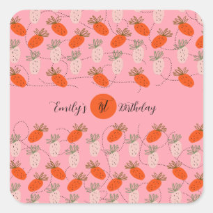 Strawberries Pink White Doodle Birthday Square Sticker