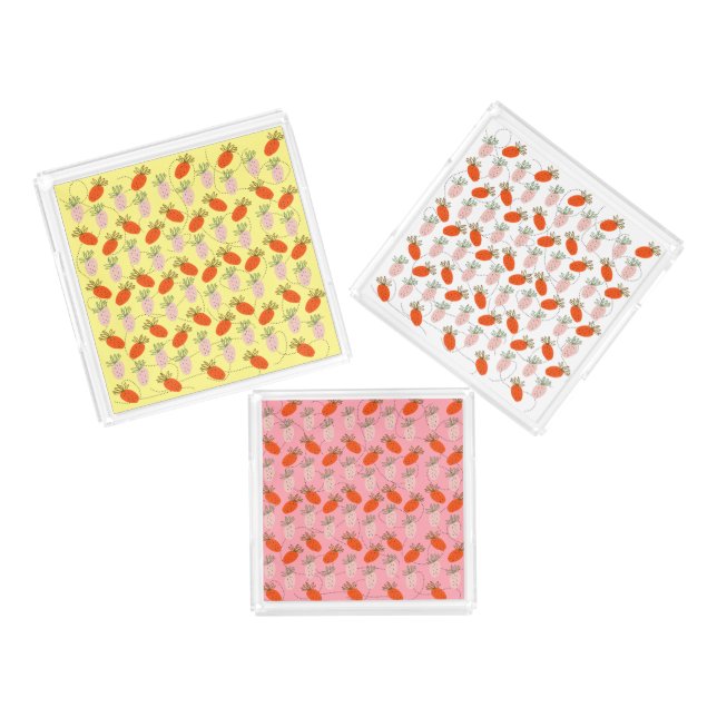 Strawberries Pink White Doodle Fruit Pattern   Acrylic Tray (Set)