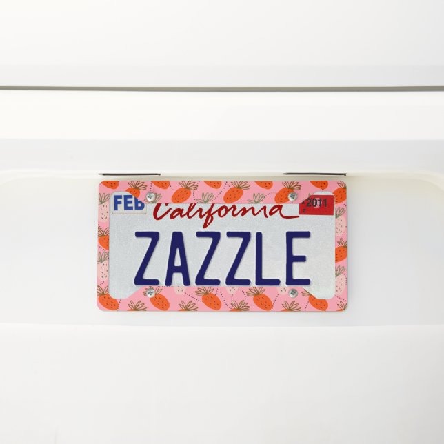 Strawberries Pink White Doodle Pattern  License Plate Frame (On Car)