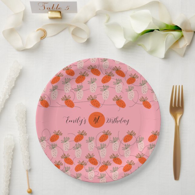 Strawberries Pink White Doodle Pattern      Paper Plates (Wedding)
