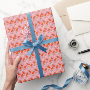 Strawberries Pink White Doodle Pattern Wrapping Paper