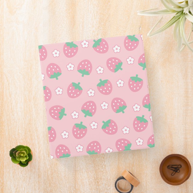 Strawberries Pink White Flowers Sakura Kawaii Cute 3 Ring Binder (In Situ)