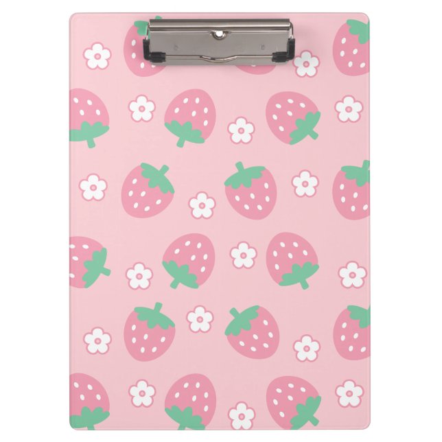 Strawberries Pink White Flowers Sakura Kawaii Cute Clipboard (Front)