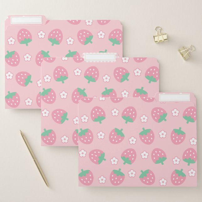 Strawberries Pink White Flowers Sakura Kawaii Cute File Folder (Set)