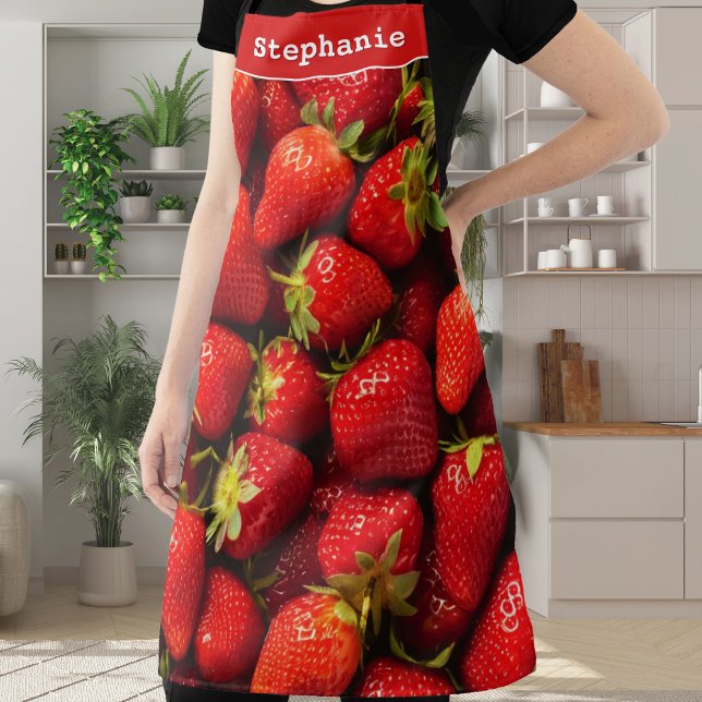 Strawberries Red Berries Fresh Fruit Personalized Apron (An eye-catching kitchen apron with strawberries design and custom name at the top)