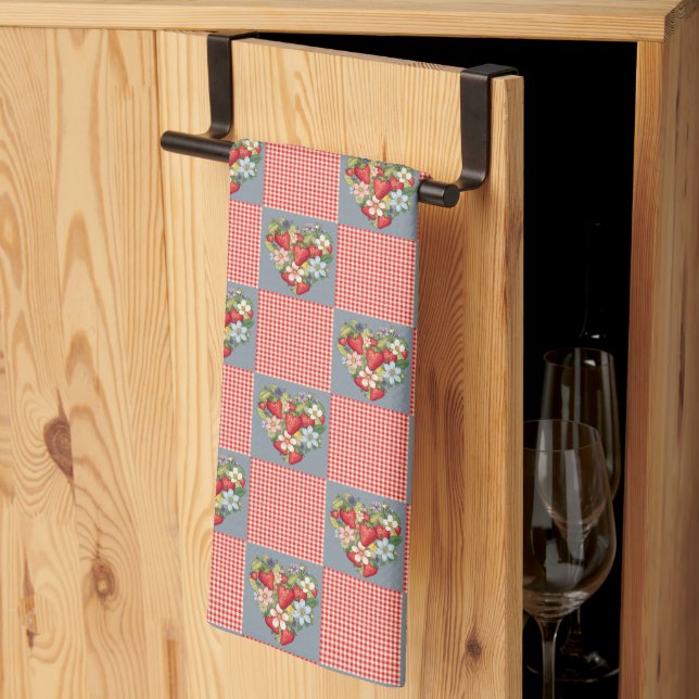 Strawberries Red Gingham and Blue Slate Checkered Kitchen Towel (Thirds Fold)
