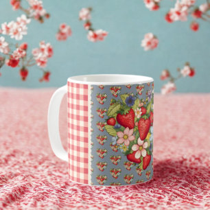 Strawberries Red Gingham and Blue Slate Coffee Mug