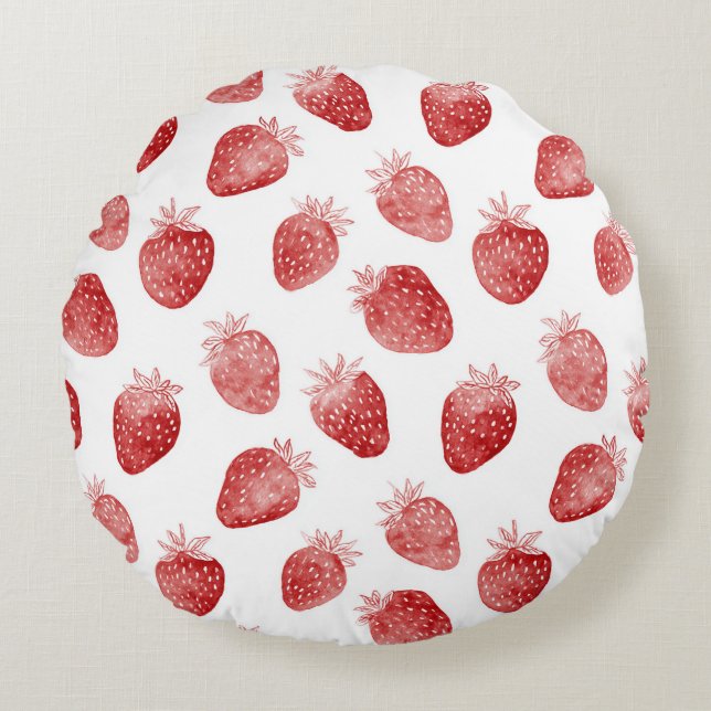 Strawberries Red White Dots Round Pillow (Front)
