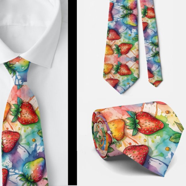 Strawberries Strawberry Pattern Rainbow Paint Neck Tie (Creator Uploaded)