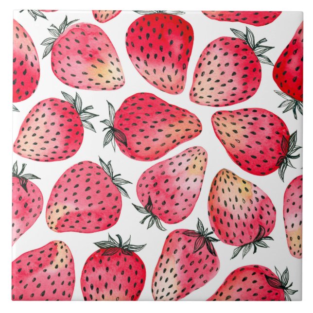 Strawberries watercolor and ink ceramic tile (Front)