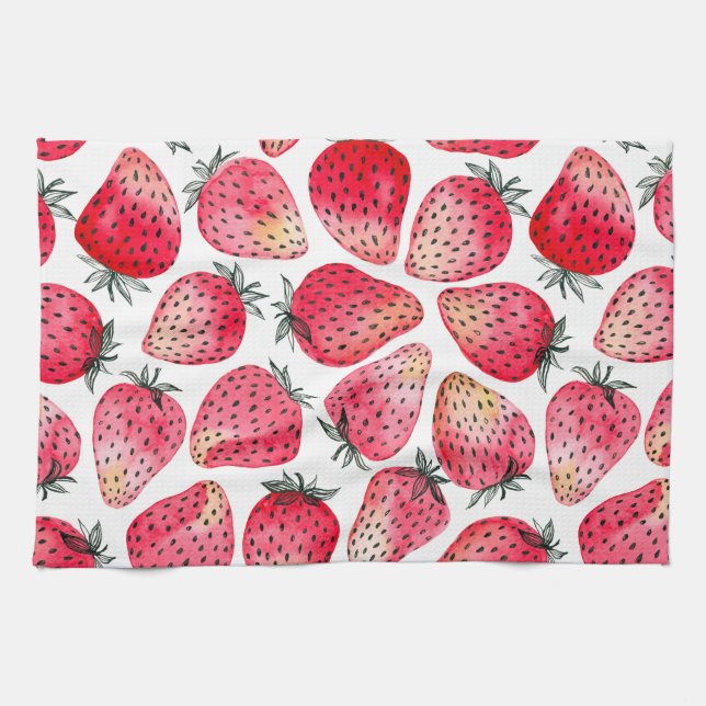 Strawberries watercolor and ink kitchen towel (Horizontal)