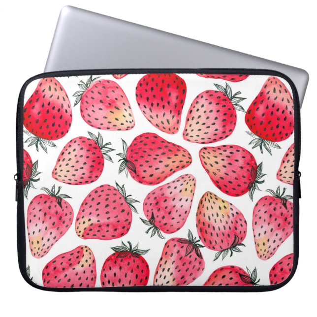 Strawberries watercolor and ink laptop sleeve (Front)