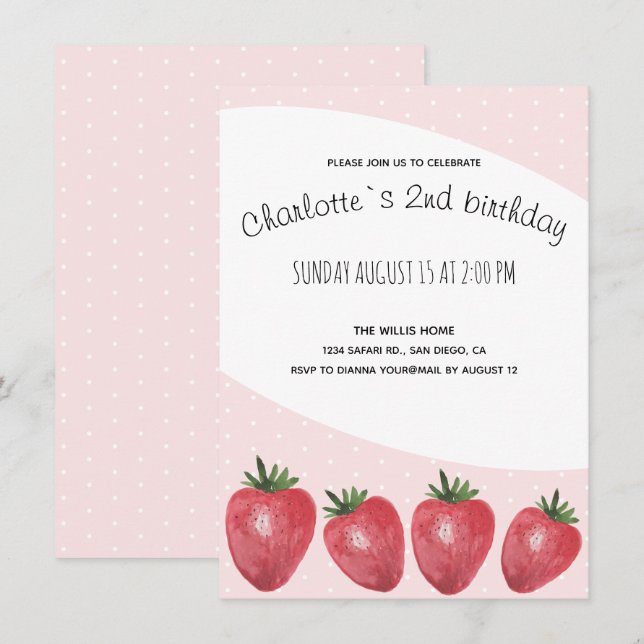 Strawberries Watercolor Hand-painted on Blush Announcement (Front/Back)