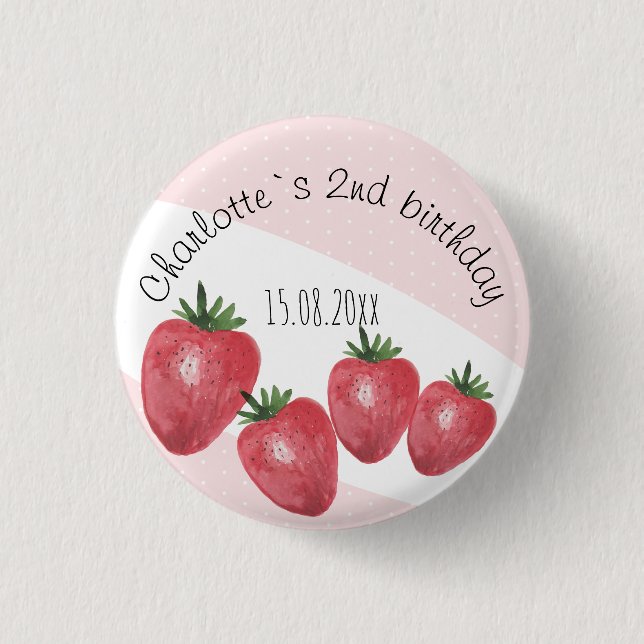 Strawberries Watercolor Hand-painted on Blush Button (Front)