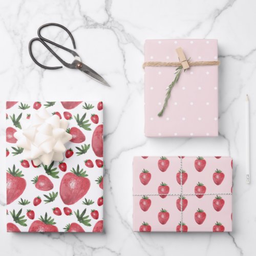 Strawberries Watercolor Hand_painted on Blush Wrapping Paper Sheets