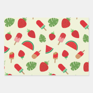 strawberries, watermelon and popsicle pattern wrapping paper sheets