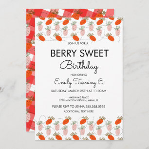 Strawberries White Pink Doodle Birthday Party  Invitation