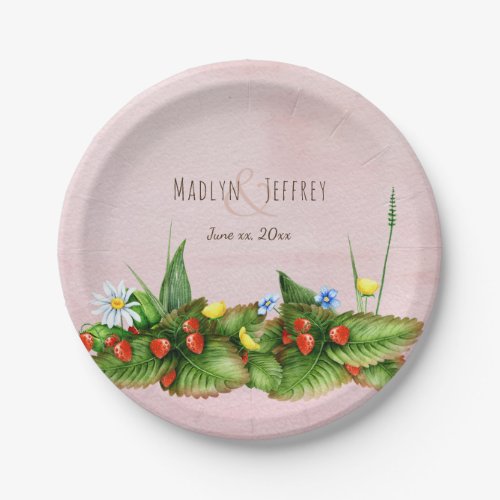 Strawberries wildflowers meadow country wedding paper plates