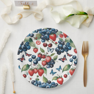 Strawberries With Blueberries and Butterflies Paper Plates