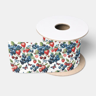 Strawberries With Blueberries and Butterflies Satin Ribbon