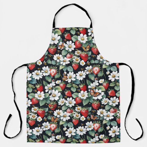 Strawberries with Flowers and Butterflies Black Apron