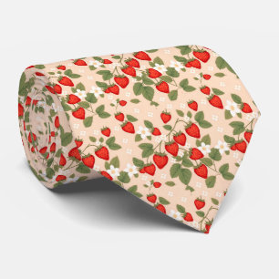 Strawberries With Green Leaves And White Flowers Neck Tie