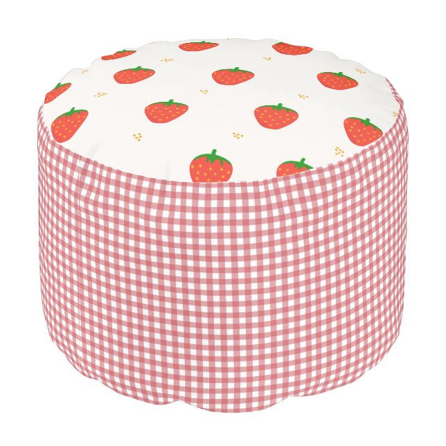 Strawberries with Red Gingham Pouf Ottoman Seat (Angled Back)
