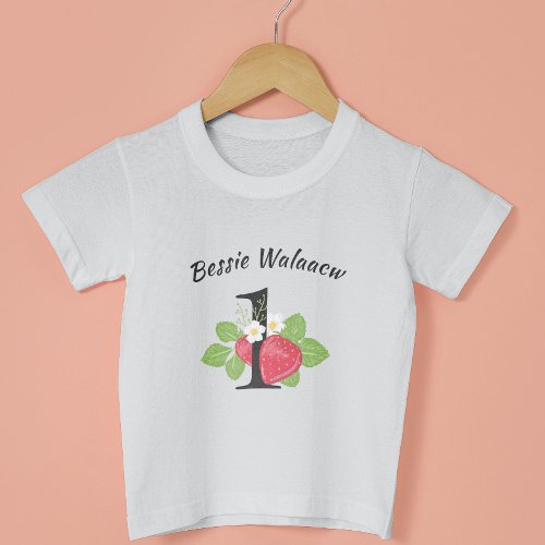 Strawberry 1 First Birthday Baby Name Watercolor  Baby T_Shirt