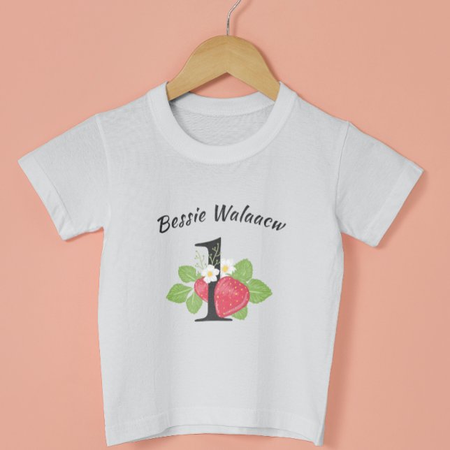 Strawberry 1 First Birthday Baby Name Watercolor  T-Shirt (Creator Uploaded)