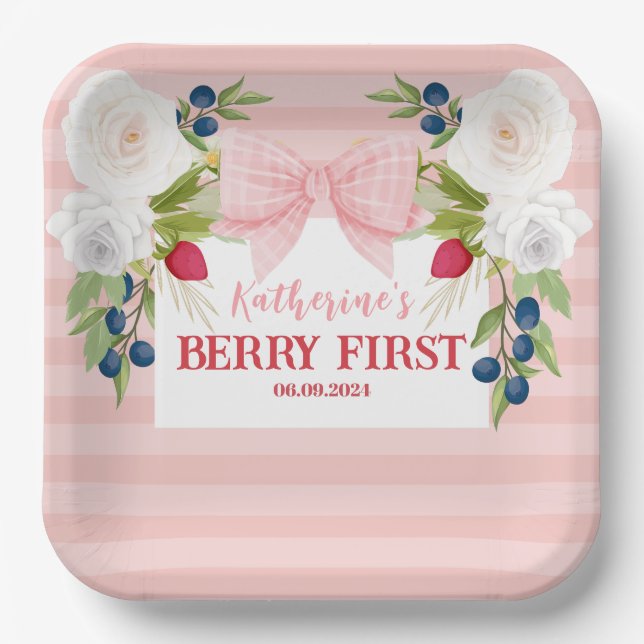 Strawberry 1st Berry First strawberry Birthday  Paper Plates (Front)