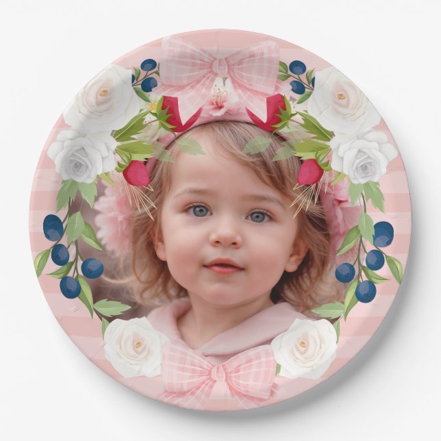 Strawberry 1st Berry Sweet Birthday Photo Paper Plates (Front)