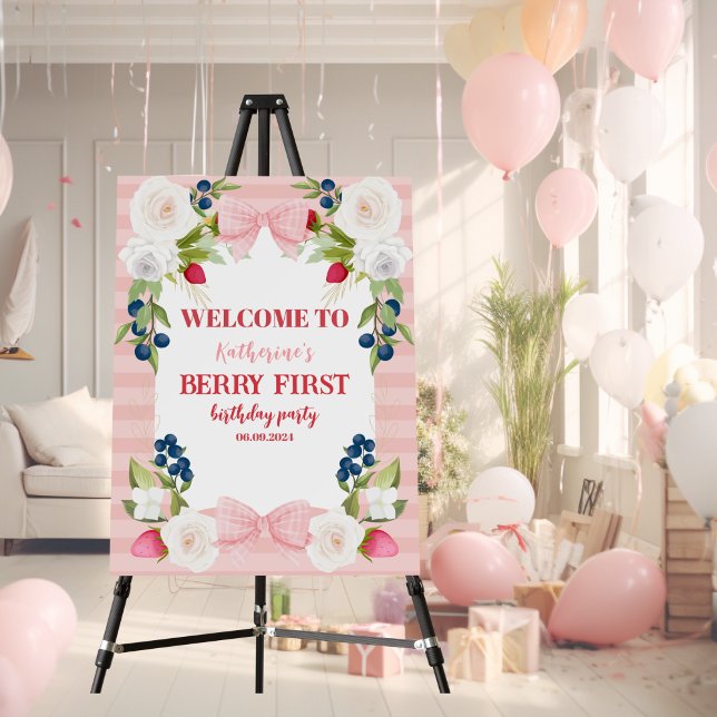 Strawberry 1st Berry Sweet Birthday Welcome Sign (Creator Uploaded)