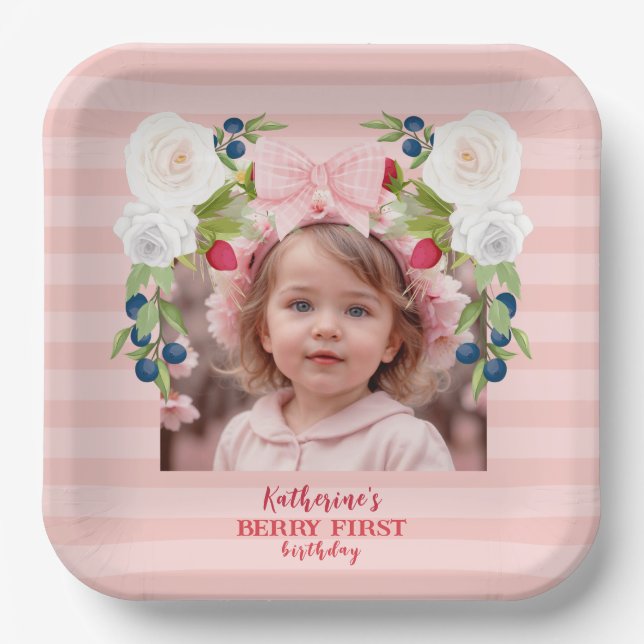 Strawberry 1st Berry Sweet Birthday Welcome Sign Paper Plates (Front)