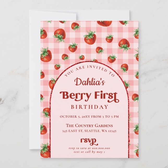 Strawberry 1st Birthday Berry First Birthday Invitation (Front)
