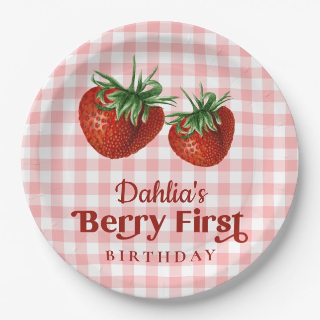 Strawberry 1st Birthday Berry First Birthday Paper Plates (Front)
