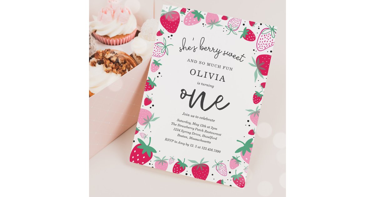 Strawberry 1st Birthday Berry First Birthday Party Invitation | Zazzle