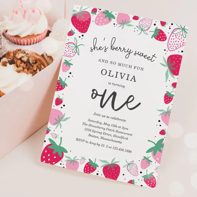 Strawberry 1st Birthday Berry First Birthday Party Invitation | Zazzle