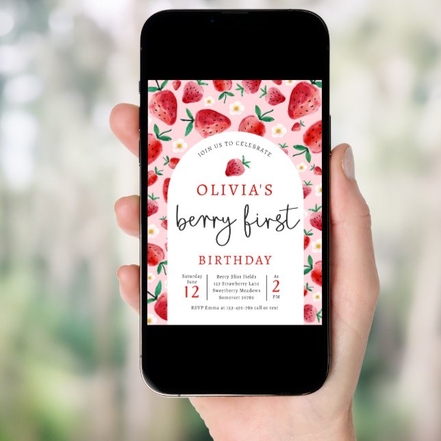 Strawberry 1st Birthday Berry First Birthday Party Invitation (Front Digital)