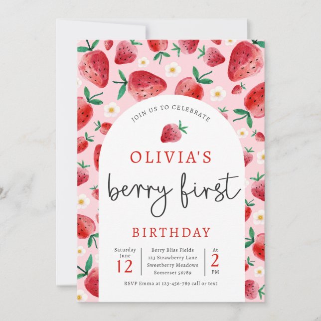 Strawberry 1st Birthday Berry First Birthday Party Invitation