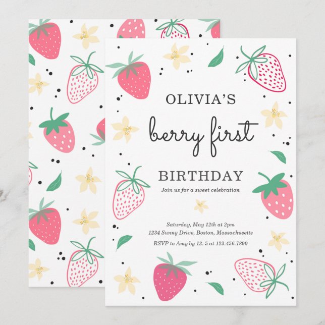 Strawberry 1st Birthday Berry First Birthday Party Invitation (Front/Back)