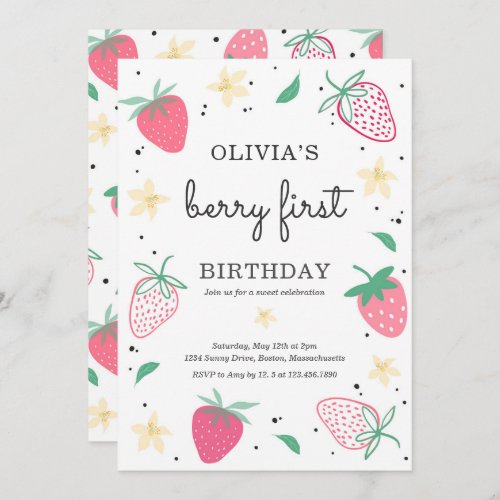 Strawberry 1st Birthday Berry First Birthday Party Invitation