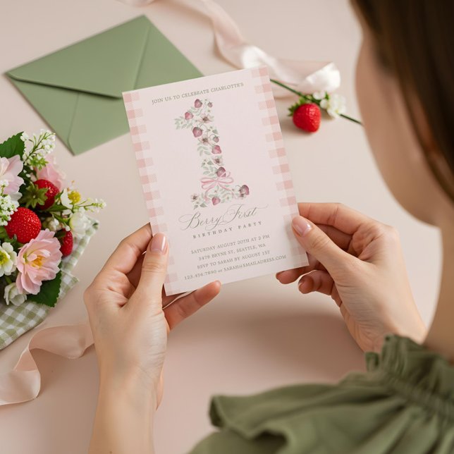 Strawberry 1st Birthday Berry First Birthday Photo Invitation (Strawberry 1st Birthday Berry First Birthday Photo Invitation (Front))