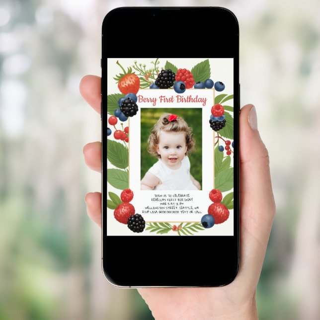 Strawberry 1st Birthday Berry First Birthday Photo Invitation (Front Digital)