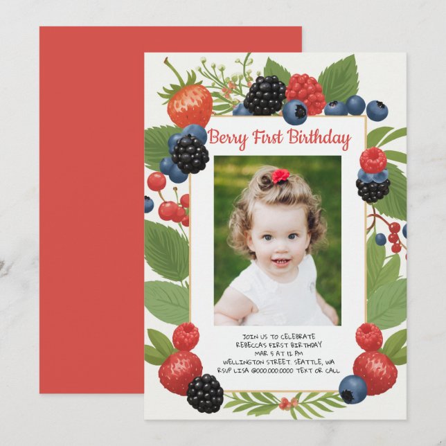 Strawberry 1st Birthday Berry First Birthday Photo Invitation (Front/Back)