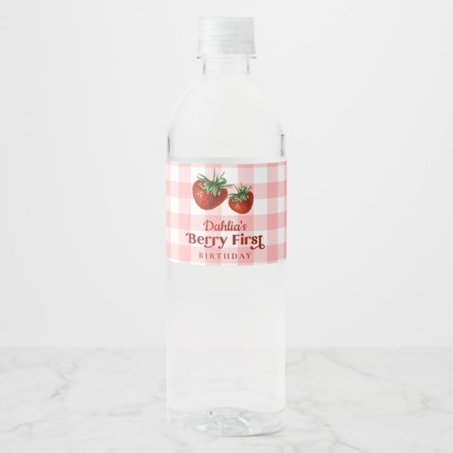 Strawberry 1st Birthday Berry First Birthday Water Bottle Label (Front)