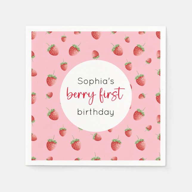 Strawberry 1st Birthday Berry First Napkins (Front)