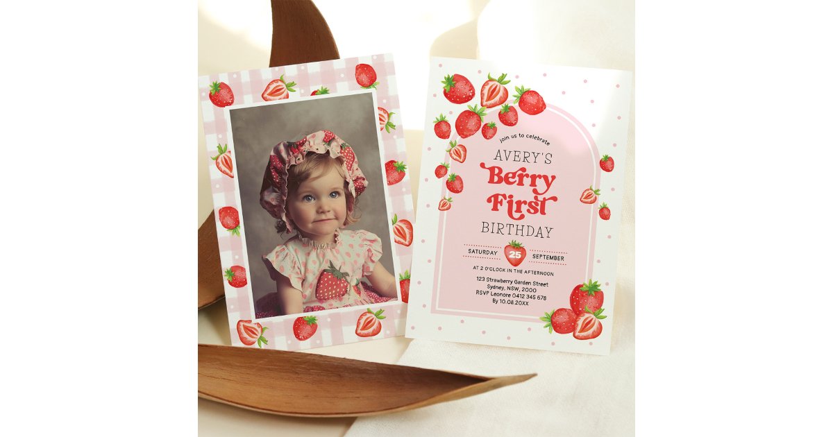 Strawberry 1st Birthday Berry First Photo Party Invitation | Zazzle