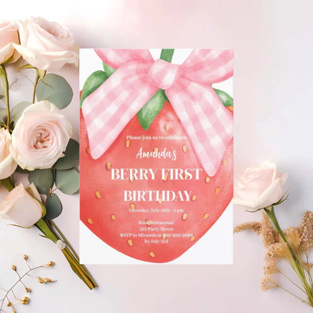 Strawberry 1st birthday berry first photo pink bow invitation | Zazzle