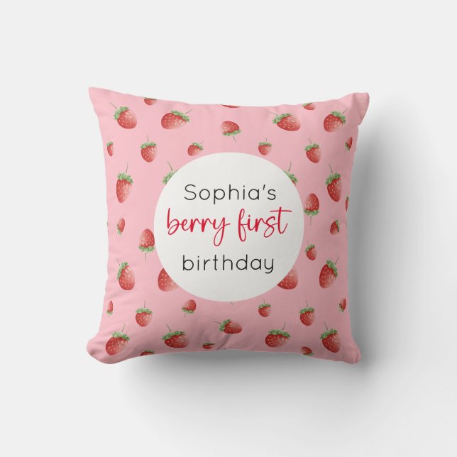 Strawberry 1st Birthday Berry First Throw Pillow (Front)