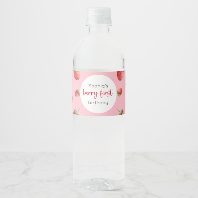 Strawberry 1st Birthday Berry First Water Bottle Label (Front)